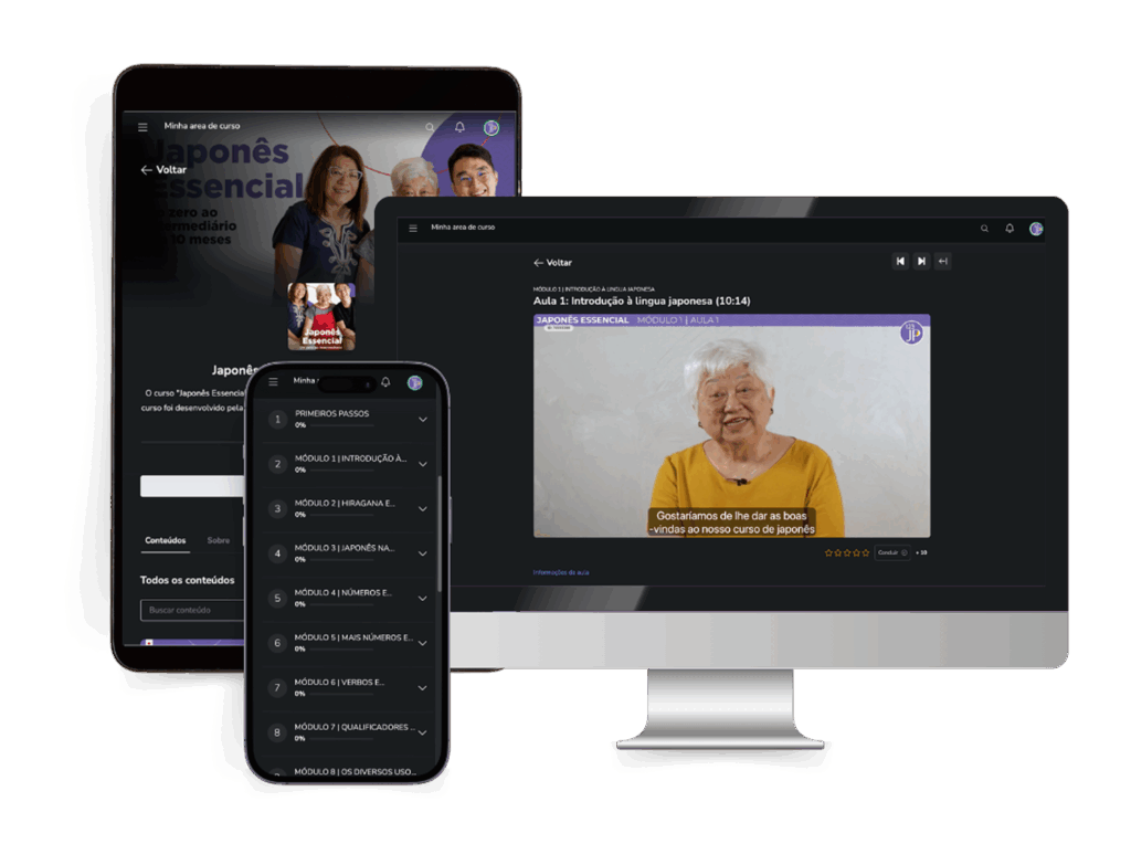 Tela do curso Japonês Essencial exibida em celular, tablet e computador, com vídeo de aula e módulos organizados.
