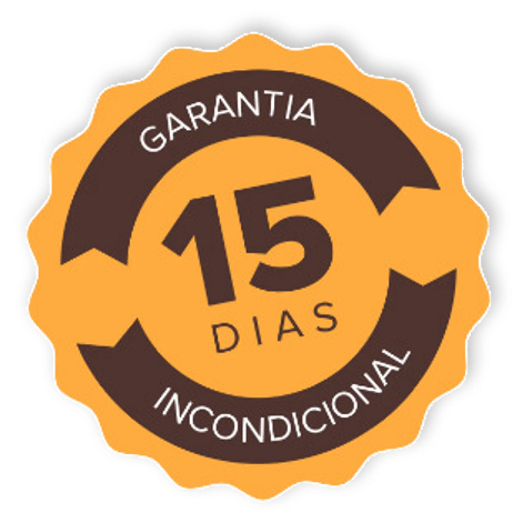 Selo laranja e marrom com texto "Garantia incondicional de 15 dias" em destaque.