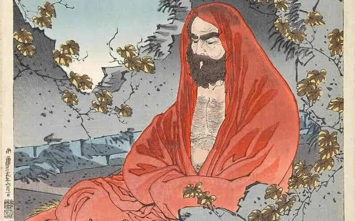 Ilustração de Bodhidharma, Daruma Taishi, monge do zen-budismo que inspirou o amuleto Daruma, usando manto vermelho