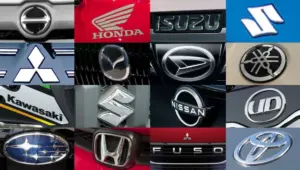 Logotipos de marcas japonesas como Toyota, Honda, Nissan, Mitsubishi e Subaru