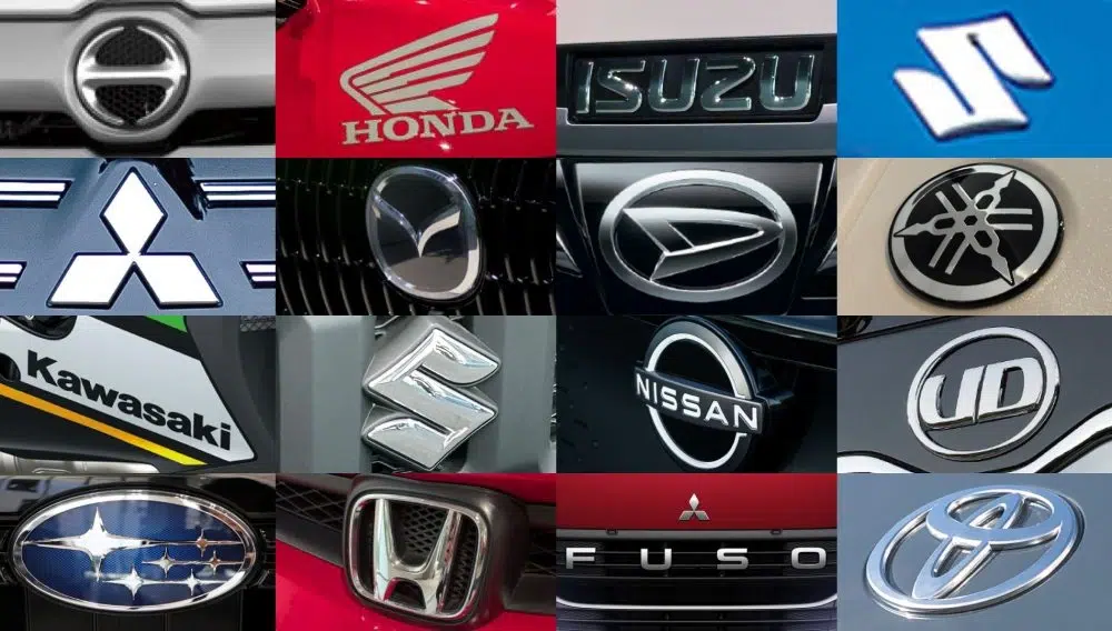 Logotipos de marcas japonesas como Toyota, Honda, Nissan, Mitsubishi e Subaru